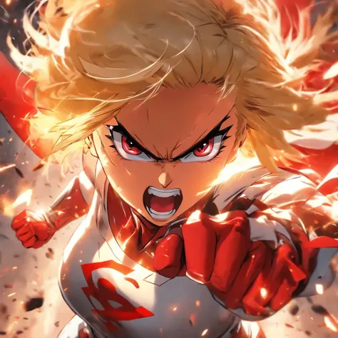 Female super hero with short blonde bob cut, going insane, angry, going berserk, muscular, wearing white and red outfit