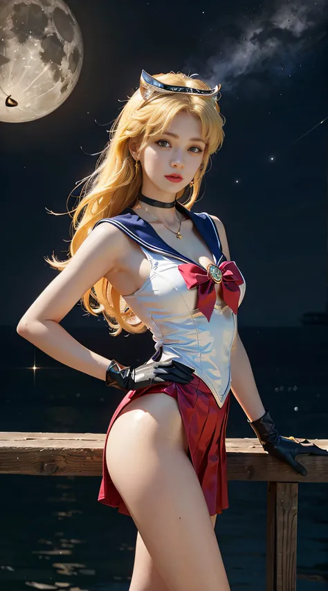 ((​masterpiece:1.4)、(top-quality:1.4)、(reallistic:1.7))、masuter piece:1.4、a beauty girl、(Sailor Moon:1.4)、Tsukino Usagi、Body Fit Sexy Sailor Senshi Uniform、(latex shiny)、(The jacket is a white sleeveless sailor suit)、(Skirt Blue Sexy Ultra Ultra Pleated Mi...