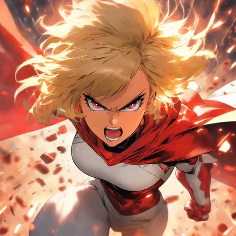 Female super hero with short blonde bob cut, going insane, angry, going berserk, muscular, wearing white and red outfit, wearing cape