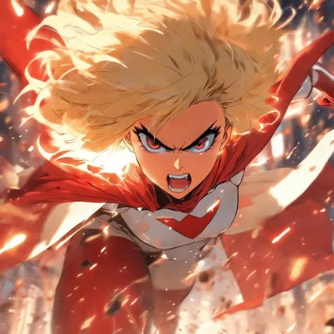 Female super hero with short blonde bob cut, going insane, angry, going berserk, muscular, wearing white and red outfit, wearing cape