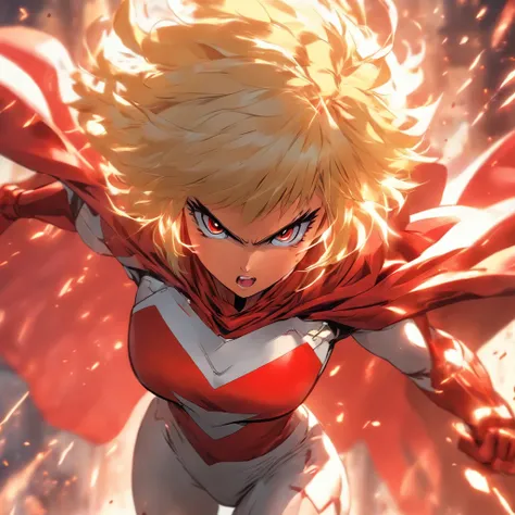 Female super hero with short blonde bob cut, going insane, angry, going berserk, muscular, wearing white and red outfit, wearing cape