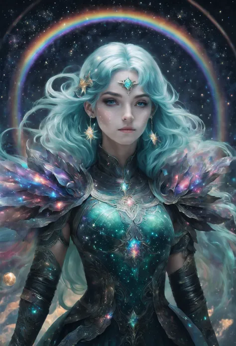 a girl with rainbow-colored hair and delicate teal dress armor, standing, rainbow colored cosmic nebula background, stars, galax...