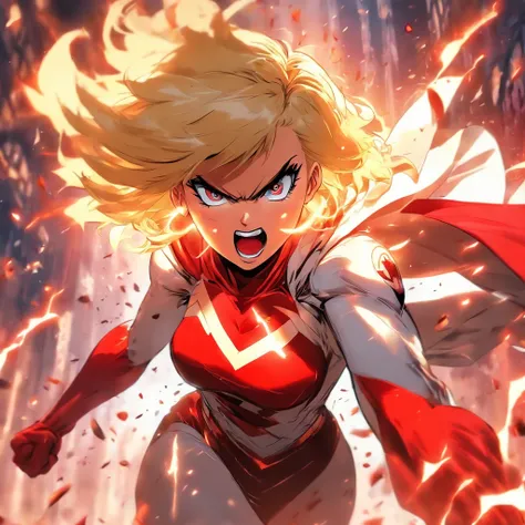 Female super hero with short blonde bob cut, going insane, angry, going berserk, muscular, wearing white and red outfit, wearing cape