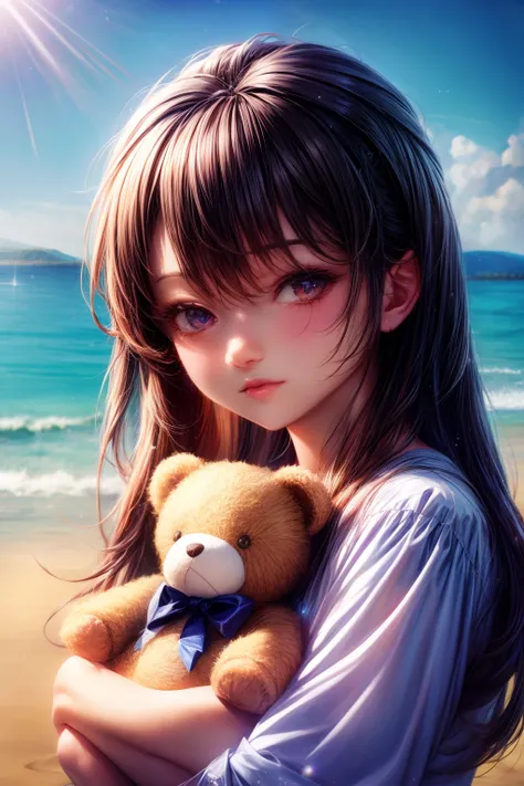 There is a woman holding a teddy bear on the beach, Kawaii realistic portrait, Cute anime girl, anime visual of a cute girl, Smooth anime CG art, Guviz-style artwork, portrait of cute anime girl, cute portrait, a beautiful anime portrait, Beautiful anime g...