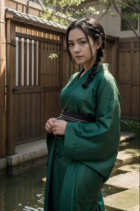 best quality, masterpiece, upper body, (adult:1.6), (smirk:0.4), braided black hair, emerald eyes, Japanese kimono, floating light particles, 3/4 frame,