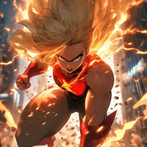 (best quality,4k,8k,highres,masterpiece:1.2),ultra-detailed,(realistic,photorealistic,photo-realistic:1.37),female super hero with short blonde bob cut,going insane,angry,going berserk,muscular,wearing white and red outfit,wearing cape,expressive eyes,stro...