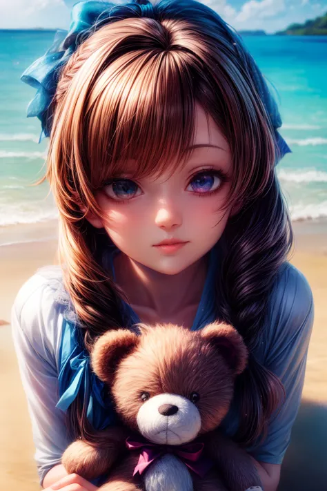 There is a woman holding a teddy bear on the beach, Kawaii realistic portrait, Cute anime girl, anime visual of a cute girl, Smooth anime CG art, Guviz-style artwork, portrait of cute anime girl, cute portrait, a beautiful anime portrait, Beautiful anime g...