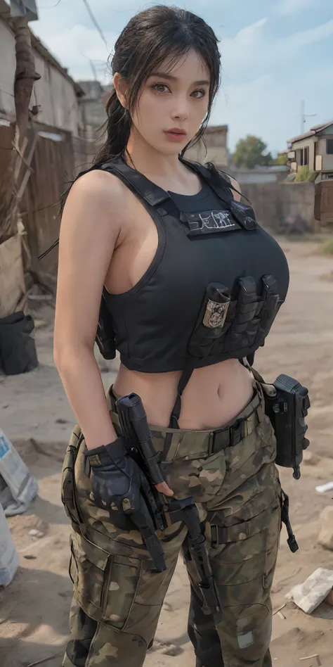 a sexy policewoman big breasts body athletic tactical vest military beret nsfw in a slum