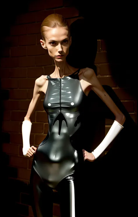 Extremely thin woman, A thin body，Wear a one-piece skinny latex suit，Thin shoulders，The ribs are noticeable，The pelvis is visibly protruding，White skin of the，Thin shoulders，Very slender waist and leg expression，Extremely skinny，Sunken abdomen，Vacuum belly...