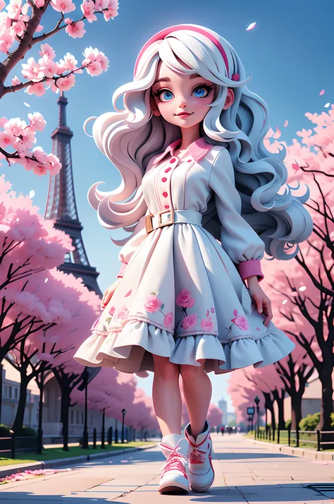 painting of the Eiffel tower, Cherry blossoms around Eiffel tower, vampire college student Cherry in Paris, white hair, blue eyes, sunkissed street pathway, beautiful art, uhd 4k, an exquisite illustration, gorgeous digital painting, highly detailed digita...