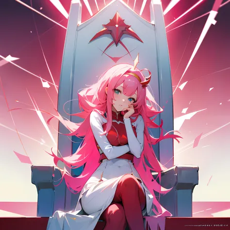 sitting in a throne　Anime girl with pink hair and white top and red and white outfit, best anime 4k konachan wallpaper, Zero Two, anime goddess, Detailed Digital Anime Art, anime style 4 k,