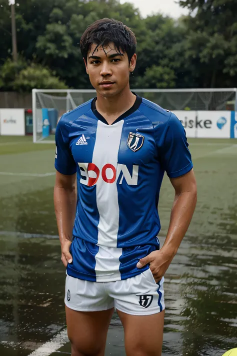 Calum French in wet soccer kit