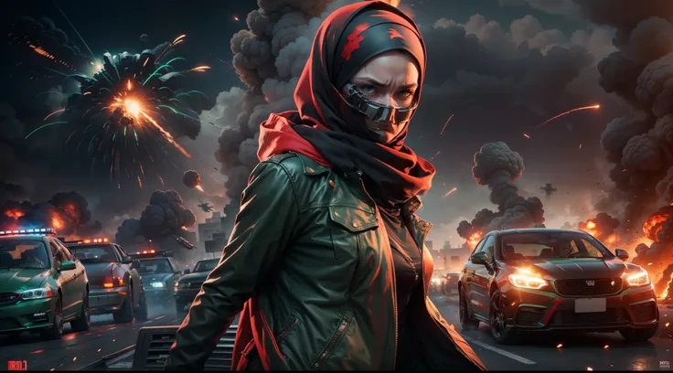 Terminator movie poster woman in hijab, green, red and black color hijab, explosions, guns, cars, planes, dramatic effect, hyper-realistic, 8k,