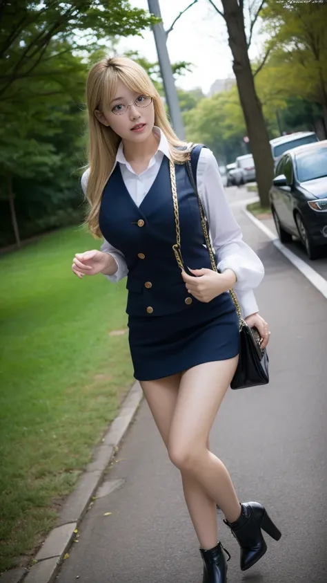 Real photos，Top quality，top Quority， tmasterpiece， 超高分辨率， （realisticlying： 1.4）， RAW photogr， solo girl，blond， a park， Professional lighting， White vest，Blue miniskirt，Black stockings，Gold-tone high heels，fully body photo，Bigboobs，The duvet bag hangs diago...