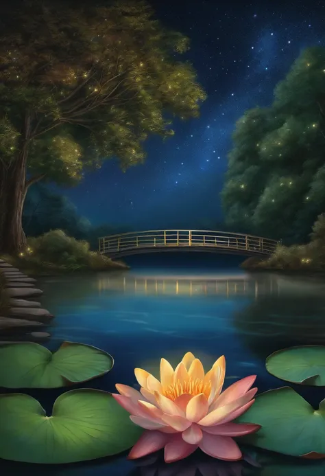 Colored line drawing night tranquil starry sky and lake water, water lily, bridge, highly realistic and detailed painting, crayons, colored pencil