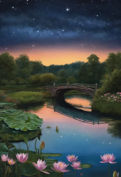 Colored line drawing night tranquil starry sky and lake water, water lily, bridge, highly realistic and detailed painting, crayons, colored pencil