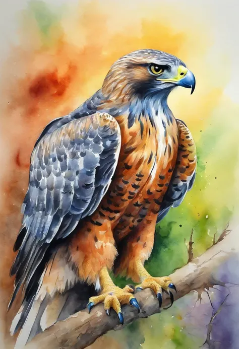 Picture of a hawk, rainbow colours, vibrant, spectacular, no signature or watermark