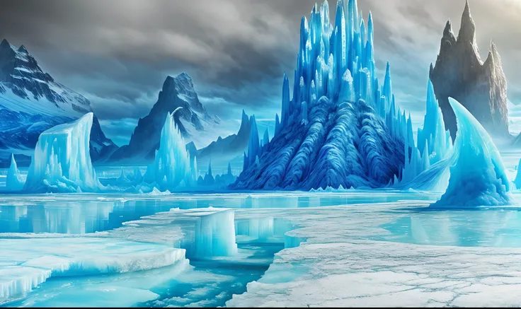 big ice castle with lots of ice on it, surreal frozen landscape, ice bottom pillars, ice city, icy landscape, ice planet, icy tundra bottom, ice cream, ice mine, ice mountains in the distance, blue ice, glacial lake with interlocking ice boulders forming b...