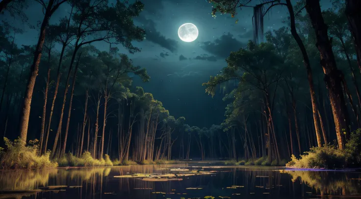 A swamp with muddy lakes, surrounded by swamp trees. The swamp is flooded with water, reflecting the full moon in the night sky. (best quality,4k,8k,highres,masterpiece:1.2), ultra-detailed, (realistic,photorealistic,photo-realistic:1.37), HDR, UHD, studio...