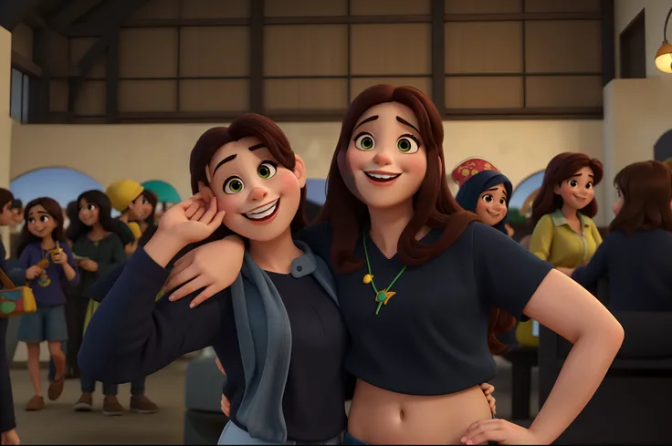 Duas garotas sorrindo para foto no estilo Disney Pixar, alta qualidade, melhor qualidade