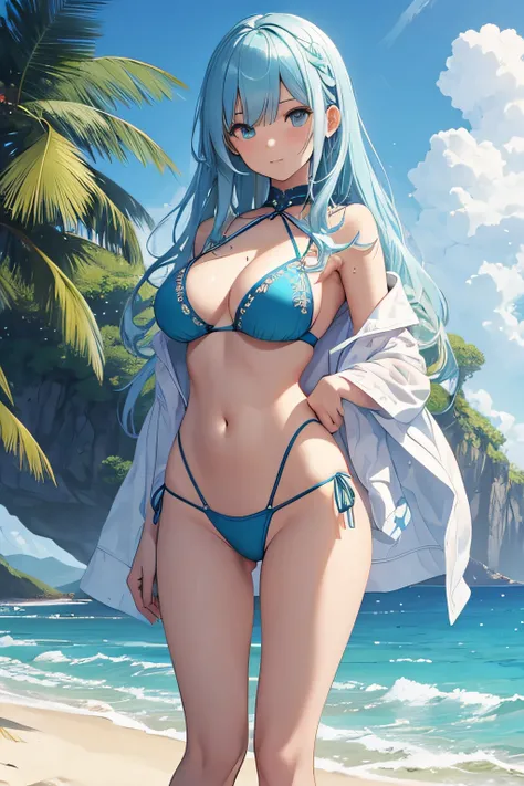 ​masterpiece、Background with（（sea side、sand beach））、15yo student、a beauty girl、lightblue hair、huge tit、Detailed embroidery on the bikini、 Get on your knees、Open your crotch、sexypose、perspiring、Hair wetness