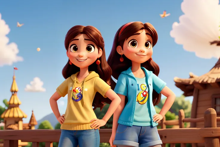 Dos chicas sonriendo para la foto al estilo Disney Pixar, Alta calidad, mejor calidad