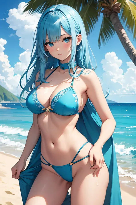 ​masterpiece、Background with（（sea side、sand beach））、15yo student、a beauty girl、lightblue hair、huge tit、Detailed embroidery on the bikini、 Get on your knees、Open your crotch、sexypose、perspiring、Hair wetness