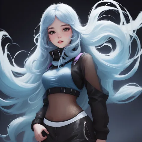 Illustration of a cool girl with long hair with a light blue mesh on black