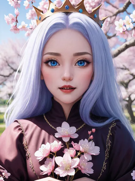 (symmetrical:1.3), (cute cartoon style:1.3), (close up shot:1.3), (solo:1.3), adorable white vampire queen (jeweled crown) (noble clothes) (sitting under a cherry blossom tree), masterpiece, 4k, highly detailed, shiny, vivid blue eyes, long white hair, che...