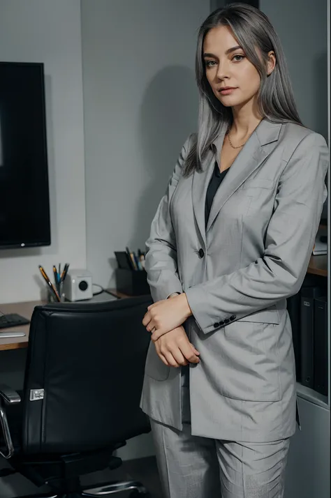 grey haired corporate woman in a suit who is in an office