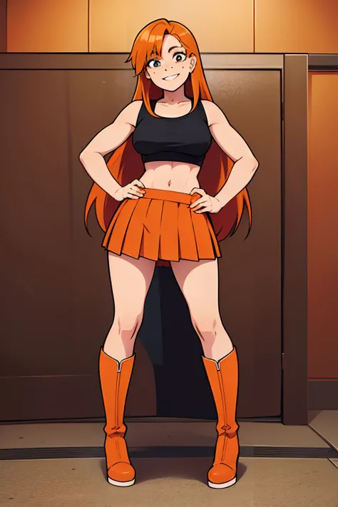 Orange haired woman, long hair, crop top and pleated skirt, full body, boots, freckles everywhere