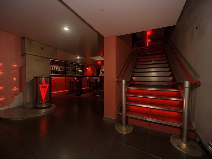 There is a red staircase that leads to a bar with a red light, teto preto, parede preta, piso branco, ground level view, very smoky cyberpunk paris bar, escadas para o segundo andar, escadas para um andar superior, Sala VIP, ground level view, view from gr...