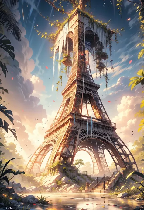 painting of an abandoned Eiffel tower, overgrown vegetation,small colorfull flowers around Eiffel tower,  sunkissed image,rain forest,rainy day, beautiful art uhd 4 k, a beautiful artwork illustration, beautiful digital painting, highly detailed digital pa...