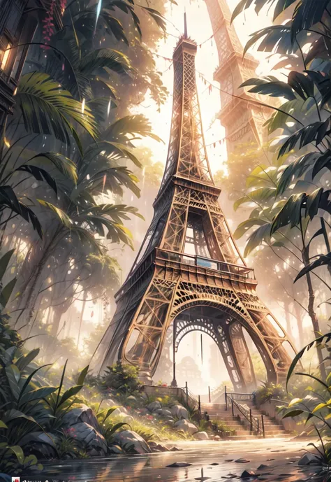 painting of an abandoned Eiffel tower, overgrown vegetation,small colorfull flowers around Eiffel tower,  sunkissed image,rain forest,rainy day, beautiful art uhd 4 k, a beautiful artwork illustration, beautiful digital painting, highly detailed digital pa...