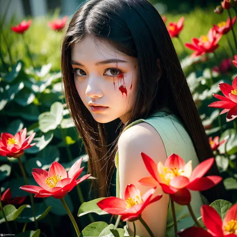 A girl in the painting "Boots Crimson Lotus" stands out among the vibrant red and white flowers. Her pale, porcelain-like skin contrasts with the deep, scarlet color of her lips. Her captivating eyes show intense emotion, with an intriguing hint of mystery...