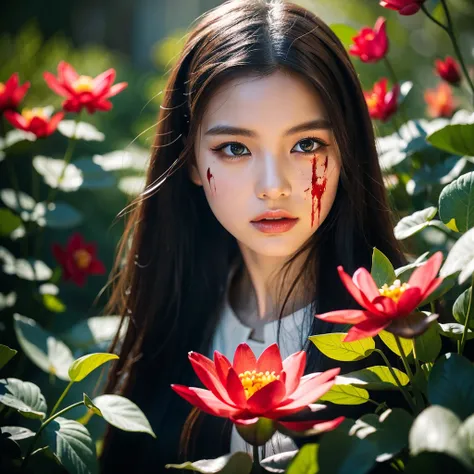 A girl in the painting "Boots Crimson Lotus" stands out among the vibrant red and white flowers. Her pale, porcelain-like skin contrasts with the deep, scarlet color of her lips. Her captivating eyes show intense emotion, with an intriguing hint of mystery...