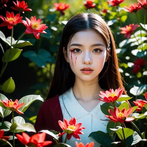 A girl in the painting "Boots Crimson Lotus" stands out among the vibrant red and white flowers. Her pale, porcelain-like skin contrasts with the deep, scarlet color of her lips. Her captivating eyes show intense emotion, with an intriguing hint of mystery...