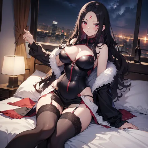 (masutepiece,Best Quality,8K),(extremely detailed CG1.1),teens girl,Smile,large boob,(From below:1.2),Intricate details , Hyper realistic, Perfect Anatomy,A dark-haired,Red Eyes,(((Forehead))),Permed hair with wavy hair,(((length hair))),Hair over one eye,...