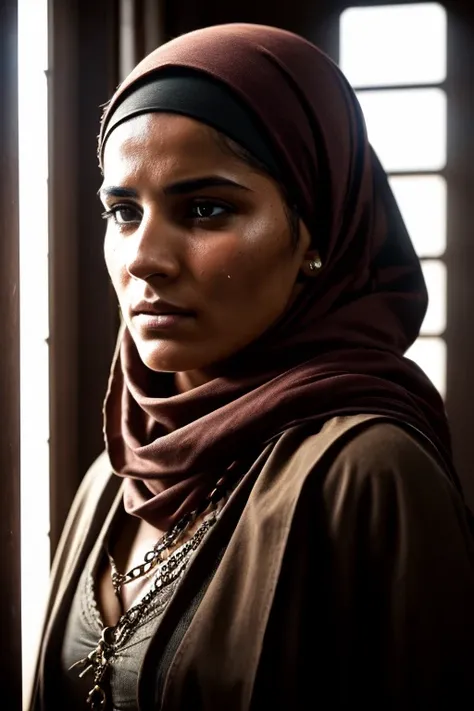 (best quality,highres:1.2),ultra-detailed,(realistic,photo-realistic:1.37), a middle eastern woman  with headscarf in a cell, struggling, cinematic red lighting, detailed face, intense expression, worn-out clothes, shackles, damp walls, narrow corridor, di...