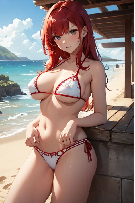 ​masterpiece、Background with（（sea side、sand beach））、15yo student、a beauty girl、Red hair、huge tit、Detailed embroidery in a white bikini、 Get on your knees、Open your crotch、sexypose、perspiring、Hair wetness