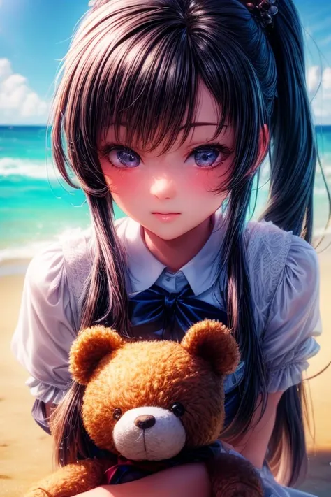 There is a woman holding a teddy bear on the beach, Kawaii realistic portrait, Cute anime girl, anime visual of a cute girl, Smooth anime CG art, Guviz-style artwork, portrait of cute anime girl, cute portrait, a beautiful anime portrait, Beautiful anime g...