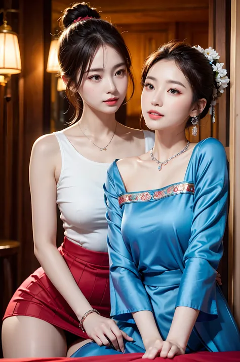 （8K分辨率，Vista half body photo），（closeup portrait of two women,sitting together,Detailed Face, front view, Look at the camera,duo,stroking,leering:1.4,20yr old,delicate face，详细的脸，Redlip，Fair smooth skin，（Classic Hmong costume：1.4，（Satin fabric with flowers，T...