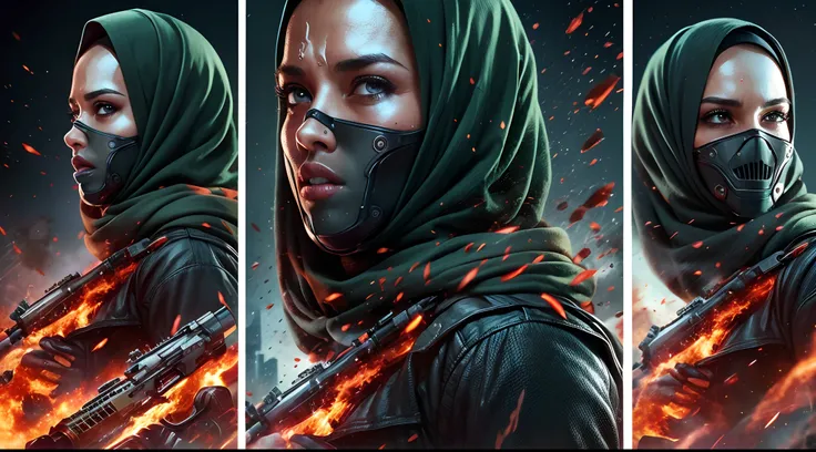 Terminator movie poster woman in hijab, green, red and black color hijab, explosions, guns, cars, planes, dramatic effect, hyper-realistic, 8k,