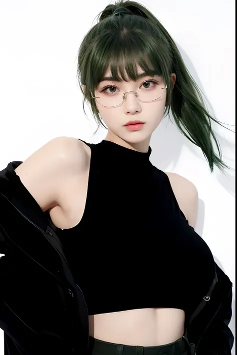 A girl with realistic army green hair, exactly the same hairstyle, realistic beautiful face, realistic cool expression, exactly realistic glasses,Adapt exact clothing, realistic light, realistic shadows, realistic background