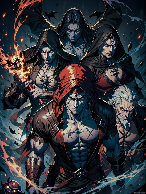 Castlevania, Hyper Realistic Shadow Lord Super Detailed Dynamic Shooting Lord Draculas Master Medieval Arab Warrior with Red Turban Scary Face Hokuto No Ken Structure Muscular Face Legendary Kenshiro surrounded by demons and demons Talking Battlefield Cine...