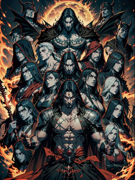 Castlevania, Hyper Realistic Shadow Lord Super Detailed Dynamic Shooting Lord Draculas Master Medieval Arab Warrior with Red Turban Scary Face Hokuto No Ken Structure Muscular Face Legendary Kenshiro surrounded by demons and demons Talking Battlefield Cine...