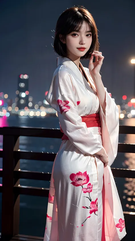 a young woman, slim, smirk:0.4, hand on face, blunt bangs, wearing Kimono with leaf petal as design, masterpiece, top quality, 3/4 frame, night city as background, bokeh , fireworks, night