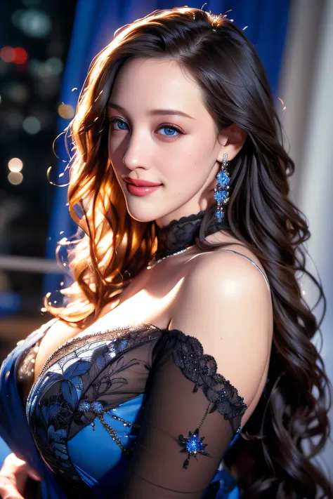 (((masterpiece))), ((best quality)), ((Hyperrealistic)), absurd res, Kat Dennings, black prom dress, subtle smile, looking at viewer, facing viewer, highly detailed, 1girl, beautiful detailed eyes, long hair, mesmerizing blue eyes, detailed background, bed...