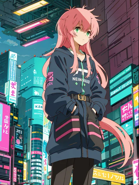 watashi, cyberpunk city, neon lights, modern clothes