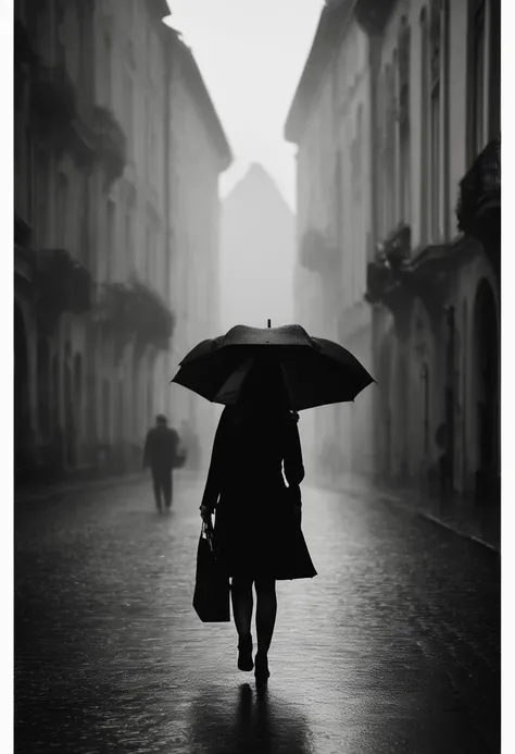 Frau im schwarzen Kleid mit Regenschirm iin der Hand, n einer nebligen Stadt, ein Bild von Kuno Veeber, Gewinner des Pixabay-Wettbewerbs, Konzeptkunst, Im Regen stehen, schwarze Silhouette, mysterious woman, pretty girl, das im Regen steht, Einzelperson mi...